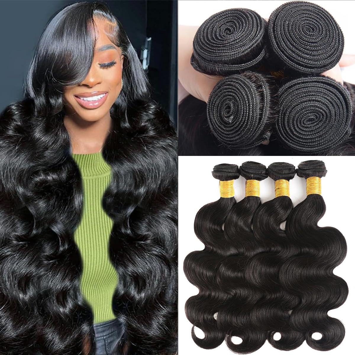 Katspon 12A Human Hair Bundles 18 20 22 24 Inch Body Wave Bundles 100% Unprocessed Brazilian Virgin Hair 4 Bundles Deals Human Hair Extensions Quick Weave Bundles Human Hair Natural Black