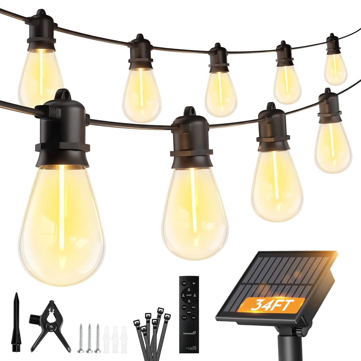 Minetom 100FT Solar String Lights Outdoor Waterproof with Remote, 31+1 LED Shatterproof Bulbs, Dimmable & Timable, 3 Light Modes - Commercial Grade Patio Lights for Garden Backyard