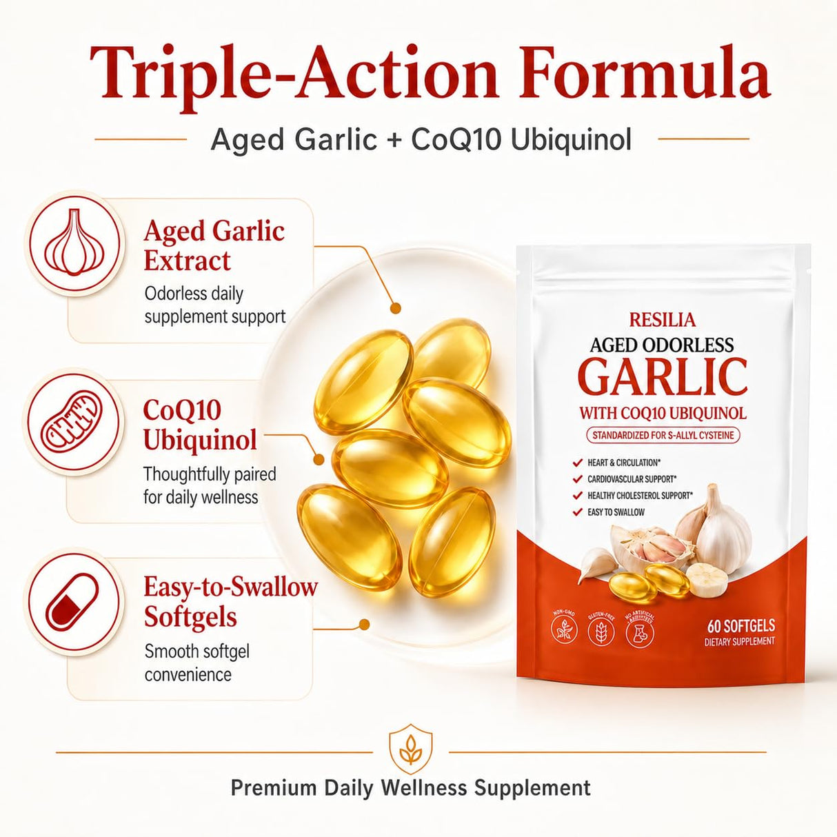 Resilia Aged Garlic Extract 600mg Softgels (60 Count), Daily Wellness Support Softgels for Adults