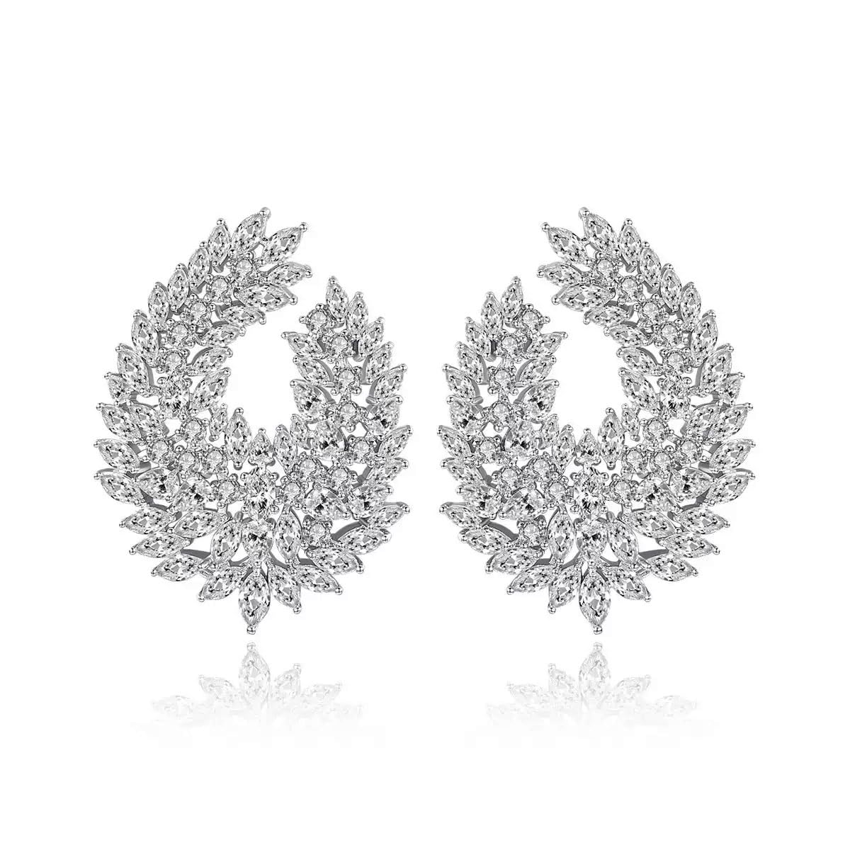 CWWZircons Luxury Cubic Zirconia Dangle Drop Big Earrings, Silver Plated, Clear Crystal Leaf Design, Wedding Bridal Party Statement Jewelry