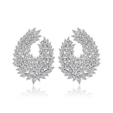 CWWZircons Luxury Cubic Zirconia Dangle Drop Big Earrings, Silver Plated, Clear Crystal Leaf Design, Wedding Bridal Party Statement Jewelry