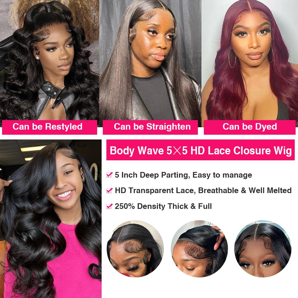 eddfine 250% Density Glueless Wigs Human Hair Pre Plucked Pre Cut 5x5 HD Lace Closure Wigs Human Hair Body Wave Lace Front Wigs Human Hair for Women Glueless Wigs Human Hair for Beginners 26 Inch