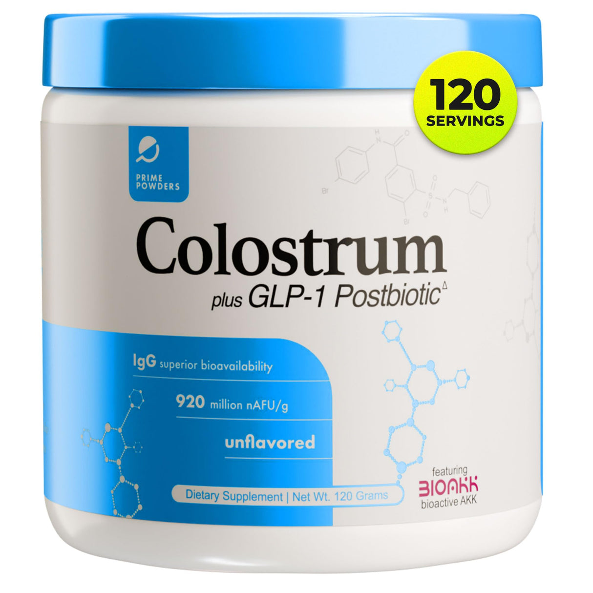 Prime Powders® Colostrum Grass-fed Powder with Akkermansia GLP-1 Probiotic, High IgG, Gut Lining & Immune Support, Growth Factors, Maximum Absorption, Unflavored Supplement (120 Servings)