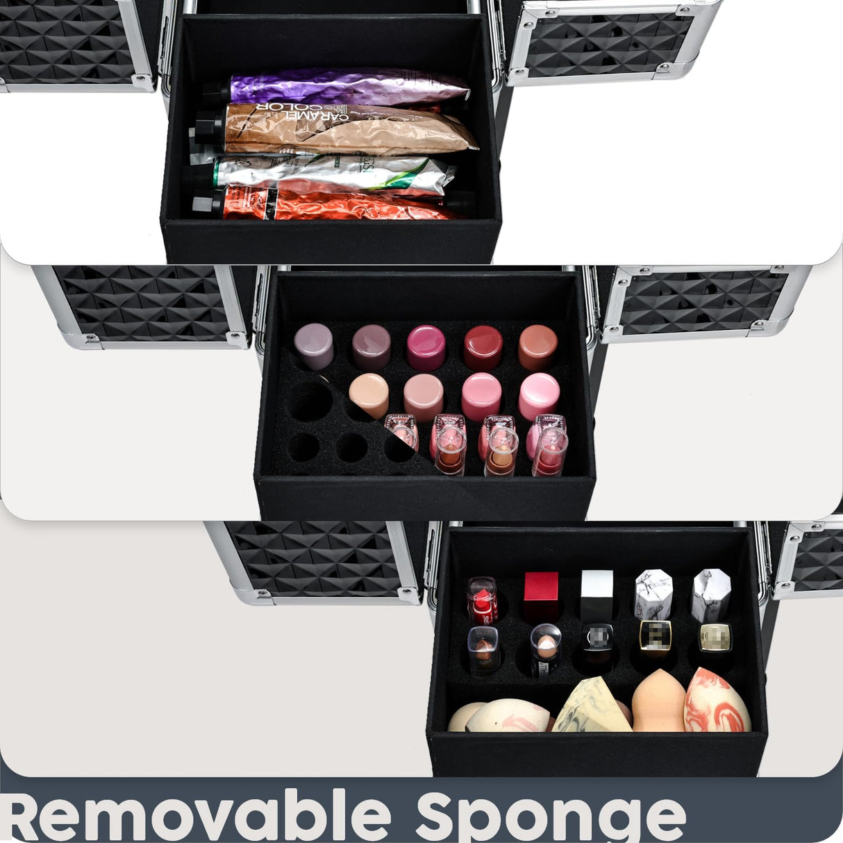 Hododou Rolling Makeup Case Cosmetic Travel Trolley Storage Sliding Drawer 4 Tray Makeup Travel Case with Wheels Salon Barber Case Traveling Cart Trunk for Cosmetologist Nail Tech Hairstylist Black