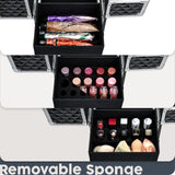 Hododou Rolling Makeup Case Cosmetic Travel Trolley Storage Sliding Drawer 4 Tray Makeup Travel Case with Wheels Salon Barber Case Traveling Cart Trunk for Cosmetologist Nail Tech Hairstylist Black