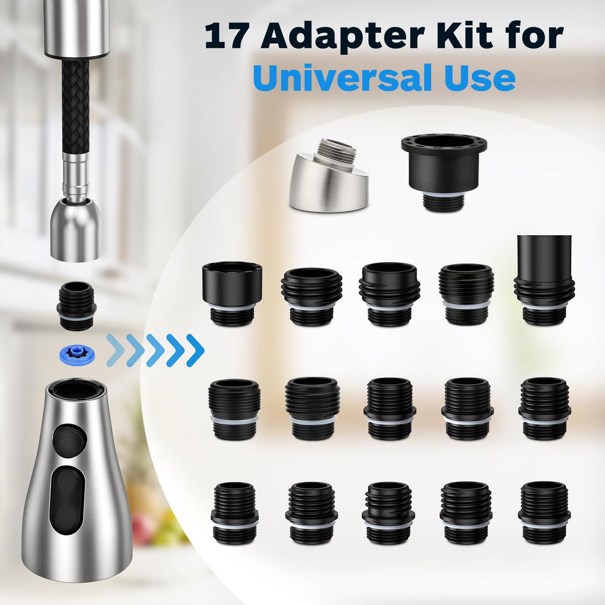Kitchen Faucet Head Replacement 3 Modes with 17 Adapters, Pull Down Spray Head for Kitchen Faucet, Kitchen Sink Faucet Head G 1/2, Sprayer Head Replacement, Compatible with Moen，Delta, Kohler Faucets