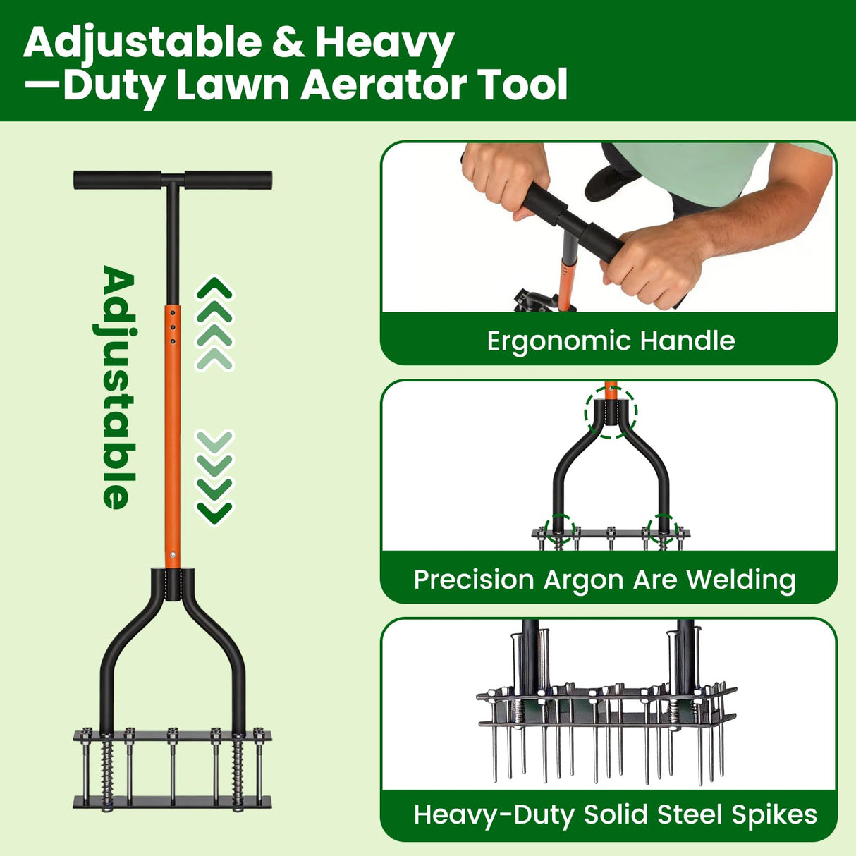 Lawn Aerator Tool,Adjustable Height with 15 Iron Spikes,Double-Layer Spring