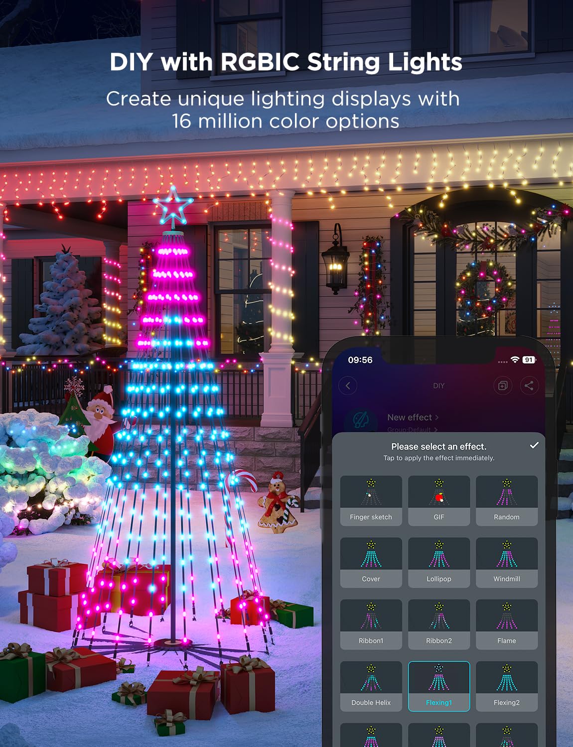 Govee Christmas Cone Tree Lights, 7.5ft 370 LEDs RGBIC Christmas Tree Lights with Smart App Control, IP67 Waterproof Outdoor String Lights for Christmas Decorations, 82+ Scene Modes, Music Sync