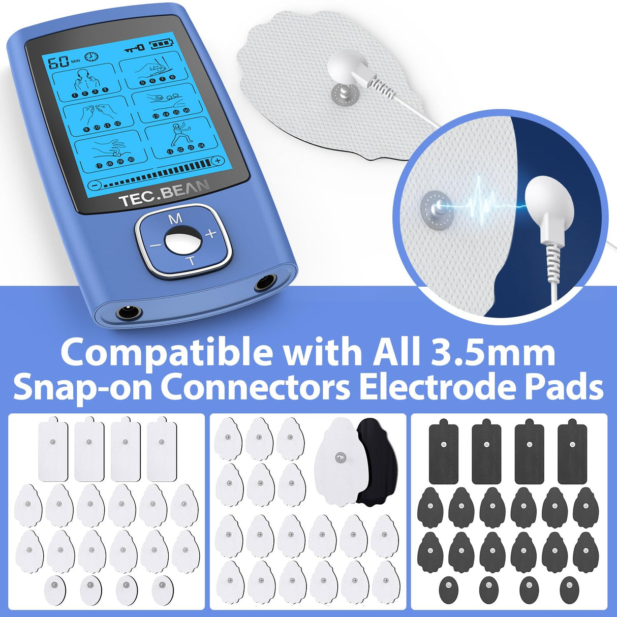 TEC.BEAN 24 Modes Tens Unit Muscle Stimulator, Rechargeable Tens Machine with 8 Electrode Pads (American Gel), Electric Pulse Massager for Pain Relief Therapy（Blue）
