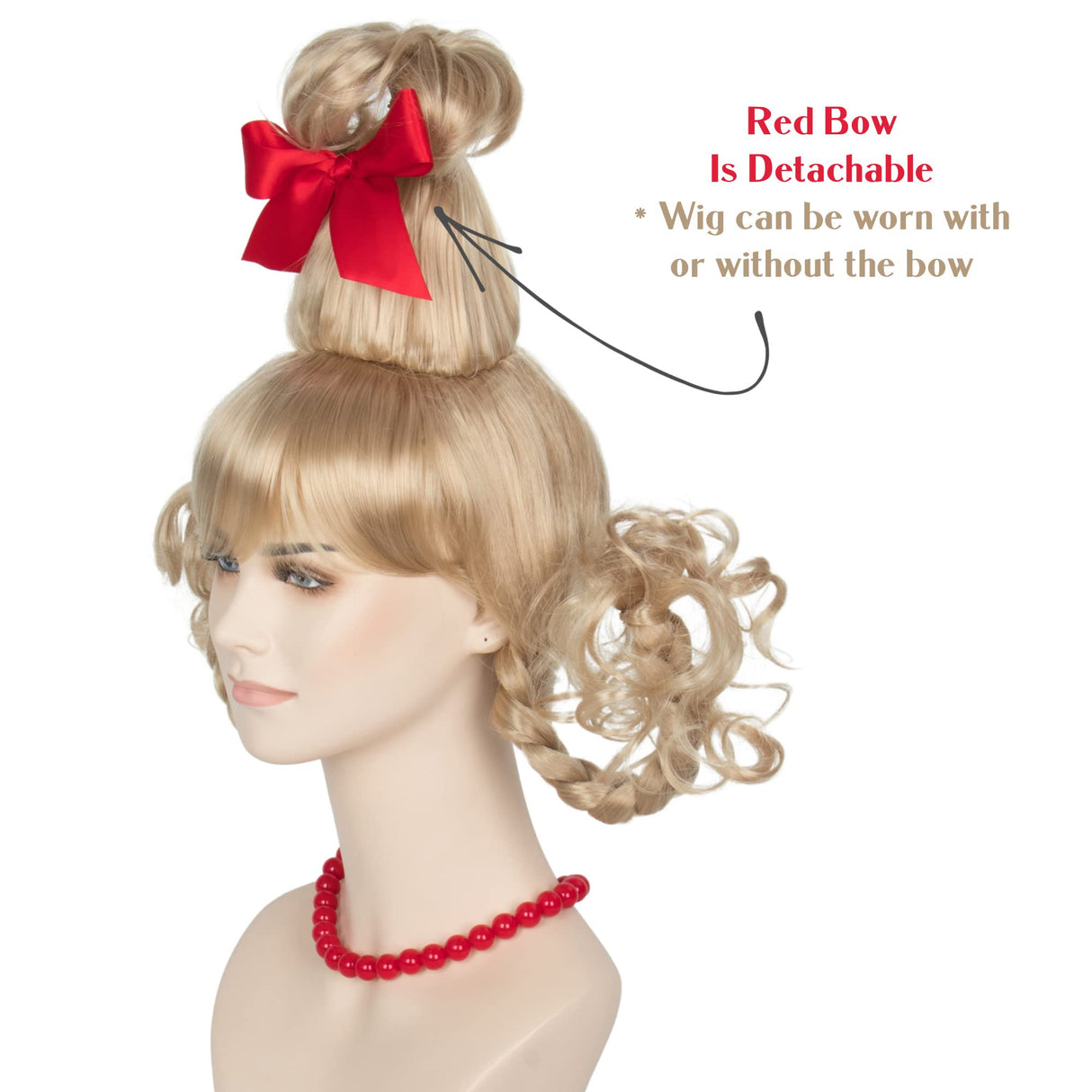 Koonfan Christmas Blonde Wig with Red Bow and Necklace Girls Women Long Braids Christmas Costume Wig Accessory
