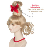 Koonfan Christmas Blonde Wig with Red Bow and Necklace Girls Women Long Braids Christmas Costume Wig Accessory