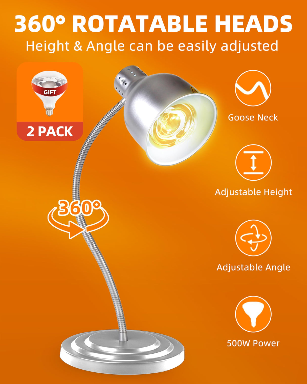 Food Heat Lamp: [Rapid-Heating Bulbs Included] [Steady Heating] Commercial Food Warmer Lamp, Electric Heat Lamp for Food Catering Food Warming Lamp for Buffet Parties (Painted Silver, 32" (1-Head,N2