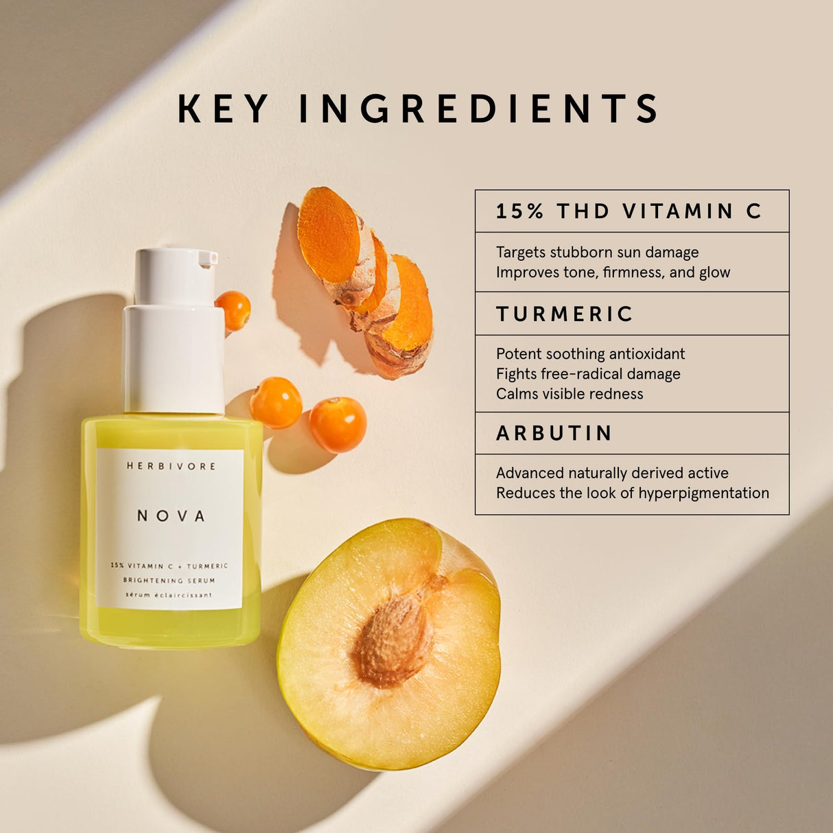 HERBIVORE Nova Brightening Serum for Face – 15% Vitamin C + Turmeric to Visibly Improve the Look of Dark Spots and Even Skin Tone, Plant-based, Vegan, Cruelty-free, 30mL /1 oz