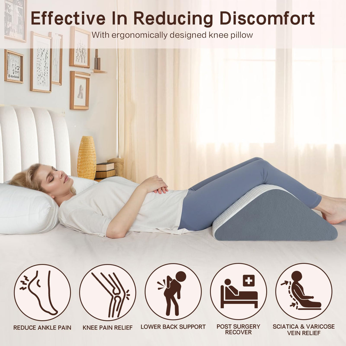 Vomiliku Knee Wedge Pillow for Back Sleeping, Leg Elevation for Post Surgery Recovery, 8" Triangle Leg Pillow with Removable Cover for Knee Support, Hip Back Pain Relief,Enhance Circulation, Blue