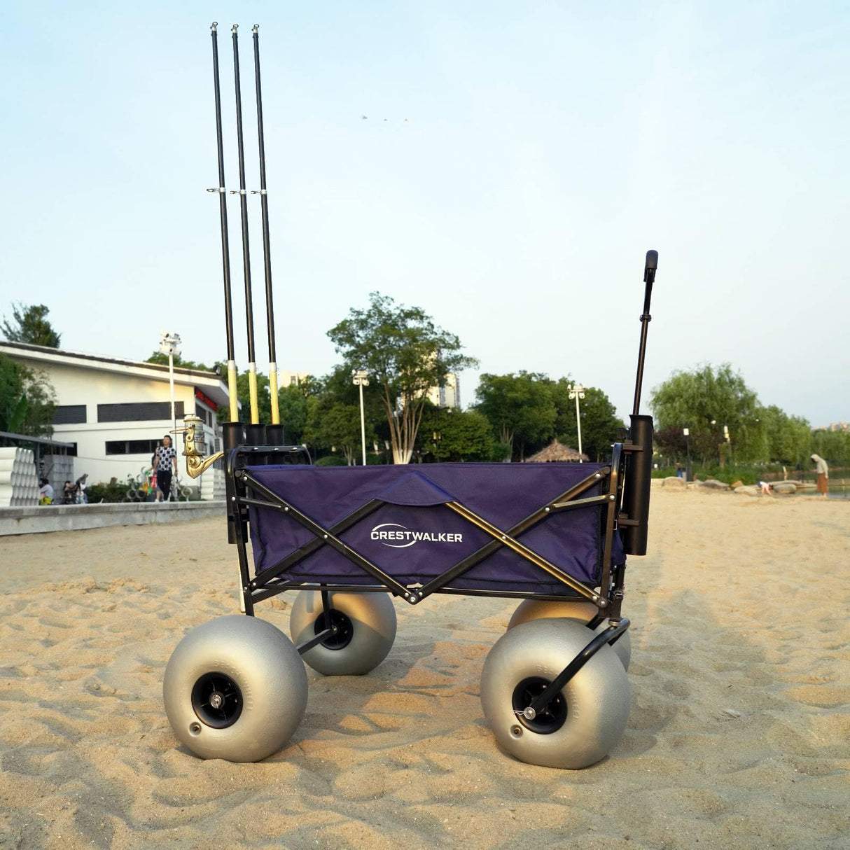 CRESTWALKER 13'' Balloon Wheel Fishing Cart with Rod Holders, Beach Wagon with Big Wheels for Sand, Folds Thin with Quick-Release Forks, Heavy Duty 300 lbs Capacity