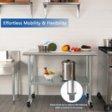 HARDURA Stainless Steel Table with Wheels 30 x 36 Inches Casters NSF Heavy Duty Commercial Prep Table with Undershelf and Galvanized Legs for Food Prep