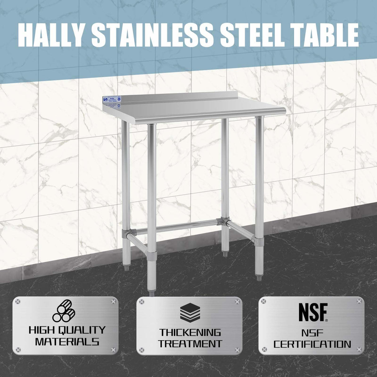 Hally Open Base Stainless Steel Table 24 x 30 Inches, NSF Commercial Heavy Duty Prep & Work Table with Backplash and Galvanized Legs for Restaurant, Home and Hotel