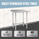 Hally Open Base Stainless Steel Table 24 x 30 Inches, NSF Commercial Heavy Duty Prep & Work Table with Backplash and Galvanized Legs for Restaurant, Home and Hotel