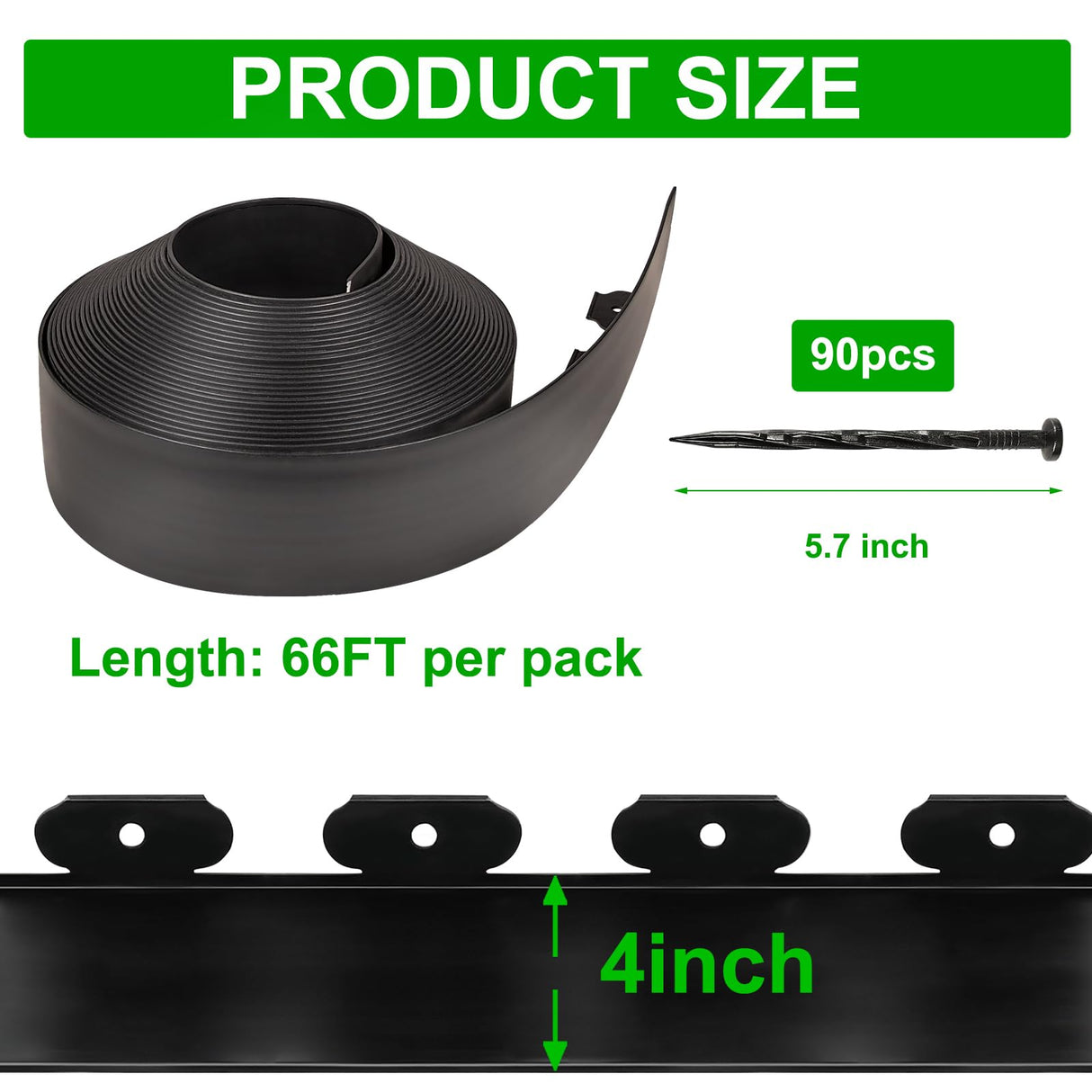 JERIA 4 Inch Tall 66 FT Garden Edging Kit with 90pcs Spikes, Plastic Edging for Landscaping