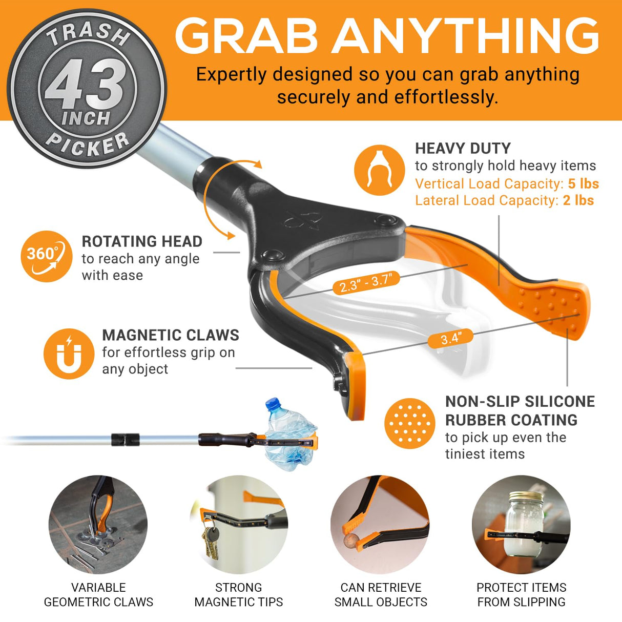 EZPIK Grabber Reacher Pro (43-inch), Premium Trash Picker with Comfortable Ergonomic Handle for Effortless Pickup of Trash, Litter & Small Debris, Ideal for Yard Work, Beach Cleanups & More