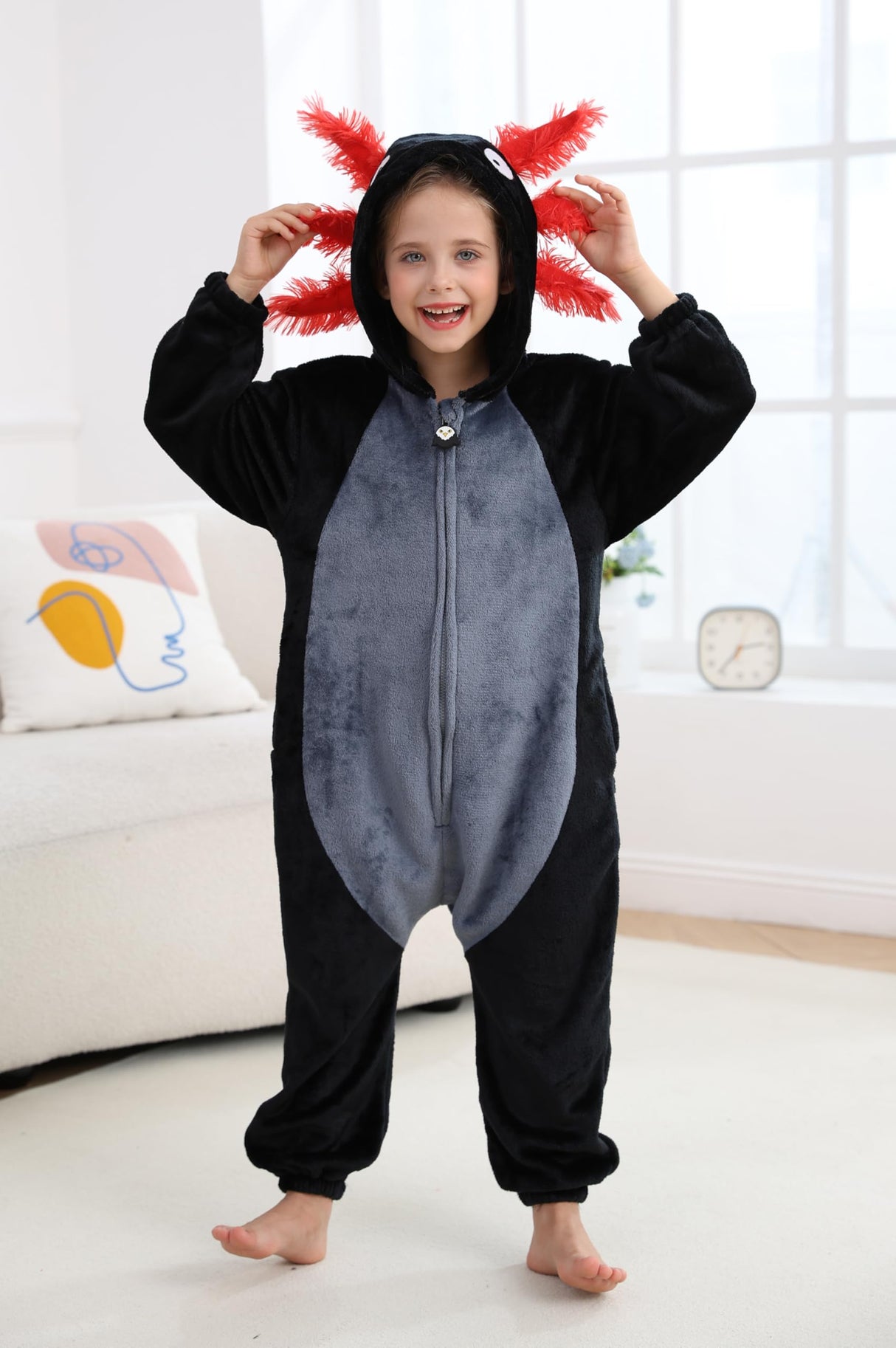 CuteOn Black-Red Axolotl Onesie Kids Animal Pajamas for Boys Girls Halloween Christmas Costume Cosplay Sleepwear Height for 140cm