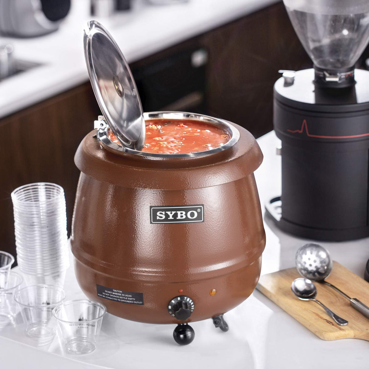 SYBO SB-6000-1B Commercial Grade Soup Warmer Kettle with Hinged Lid and Detachable Stainless Steel Insert Pot for Restaurant Parties Buffet, 10.5 Quarts, Brown