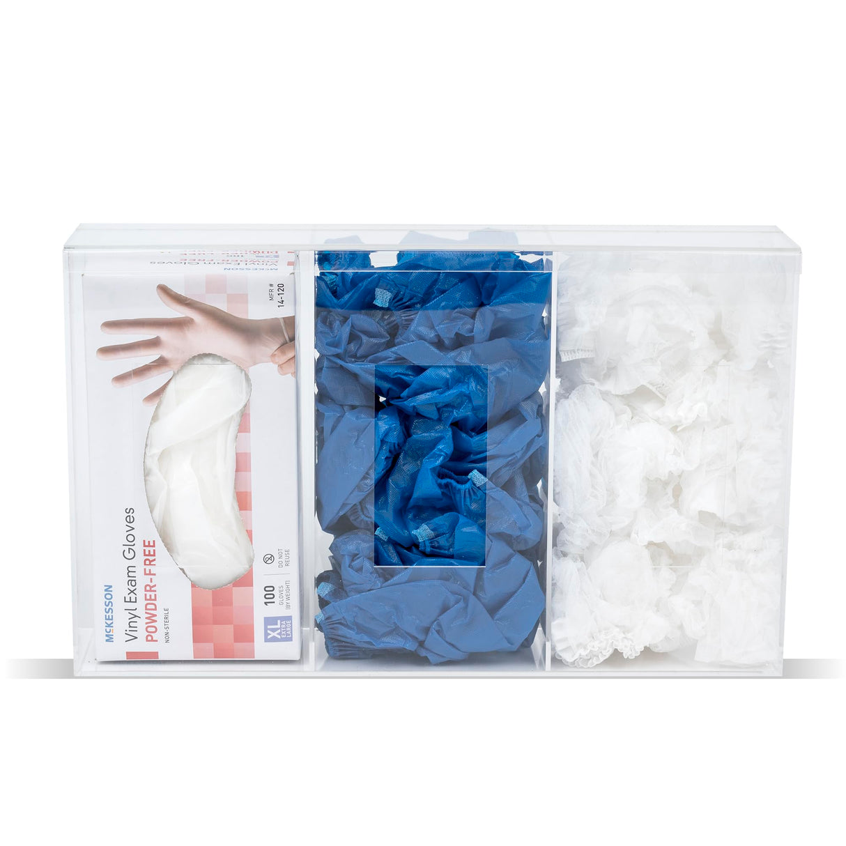 IneVibe Triple Hygiene Holder - 3 Compartment Acrylic Dispenser with Lid for Hairnets, Glove Boxes, Face Masks, Plastic Bags, Tissue Boxes in Home or Medical Setting - Counter or Wall Mount (Triple)