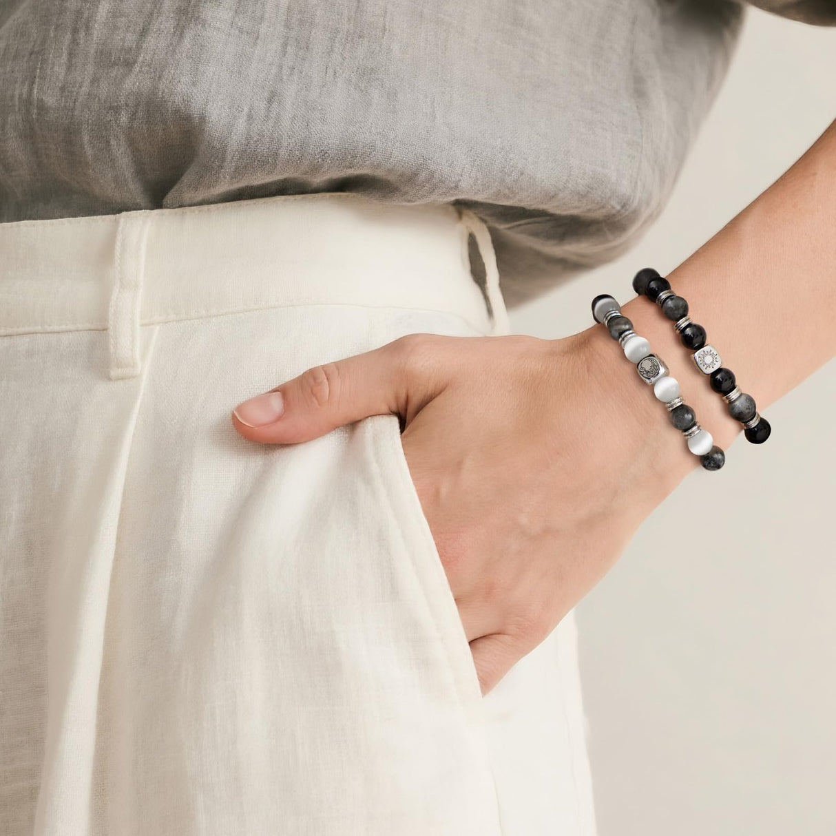 Elegant Beaded Bracelets - Natural Stone & Stainless Steel Healing Energy Jewelry for Couple Lover, Adjustable Sun and Moon Non-Smart Bracelet Set with Positive Meaning, Perfect Friendship Gifts