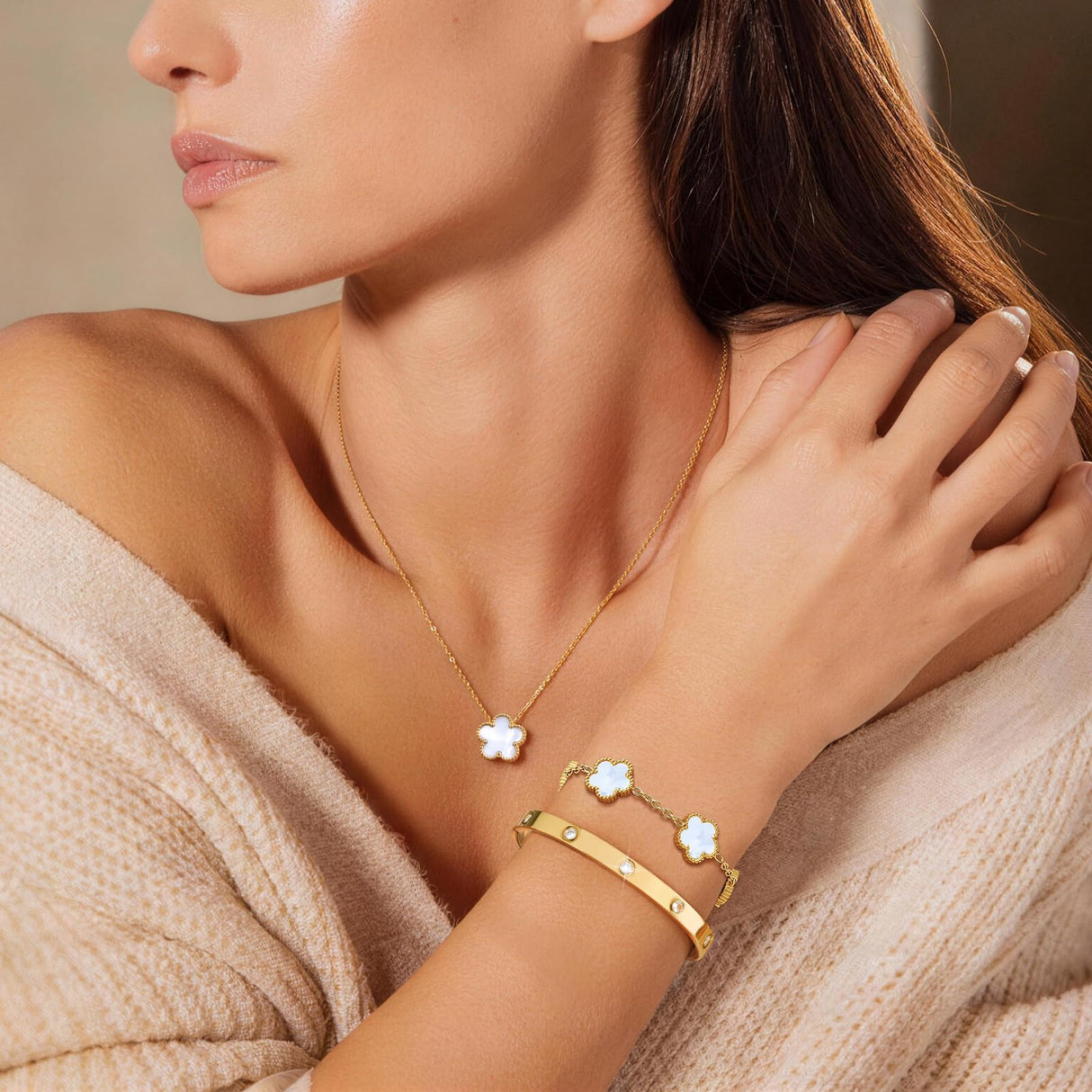 Gold Bracelets Necklace Jewelry Set - 3Pcs 18K Gold Plated Floral Bracelet,Waterproof Stainless Steel Bangles, Non-Tarnish Necklaces Daily Fashion Minimalist Jewelry,Valentines Birthday Gift for Women