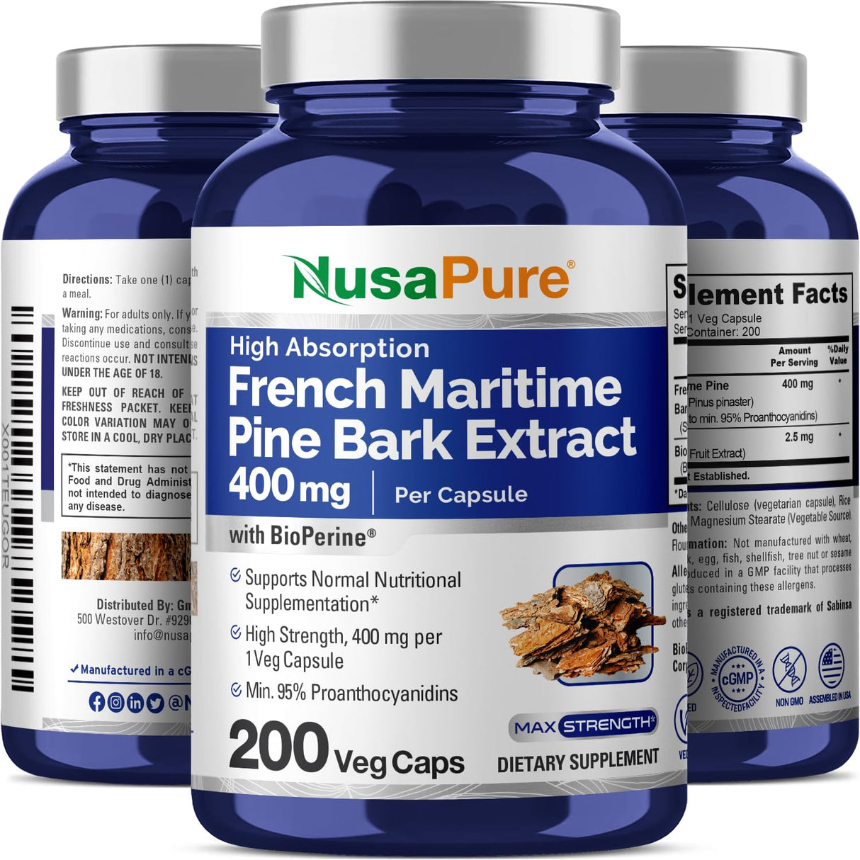 NusaPure French Maritime Pine Bark Extract 400mg per Veggie Caps 200-Day Supply Bioperine Non-GMO Vegan
