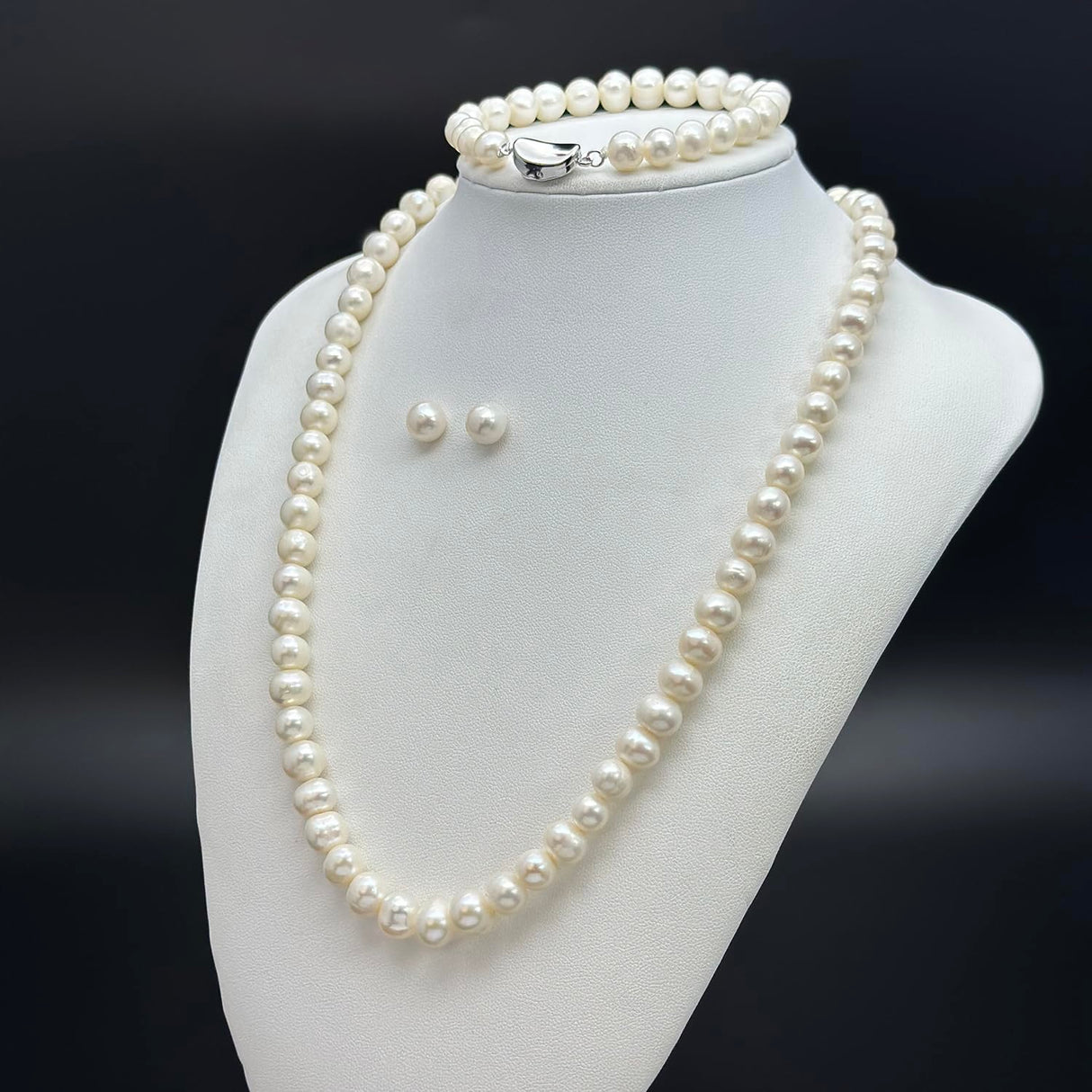 YONGMAN Freshwater Cultured Pearl Necklace Set Includes Stunning Bracelet and Stud Earrings Jewelry Set for Women Gift for Mother's Day, Anniversary, Birthday, Wedding