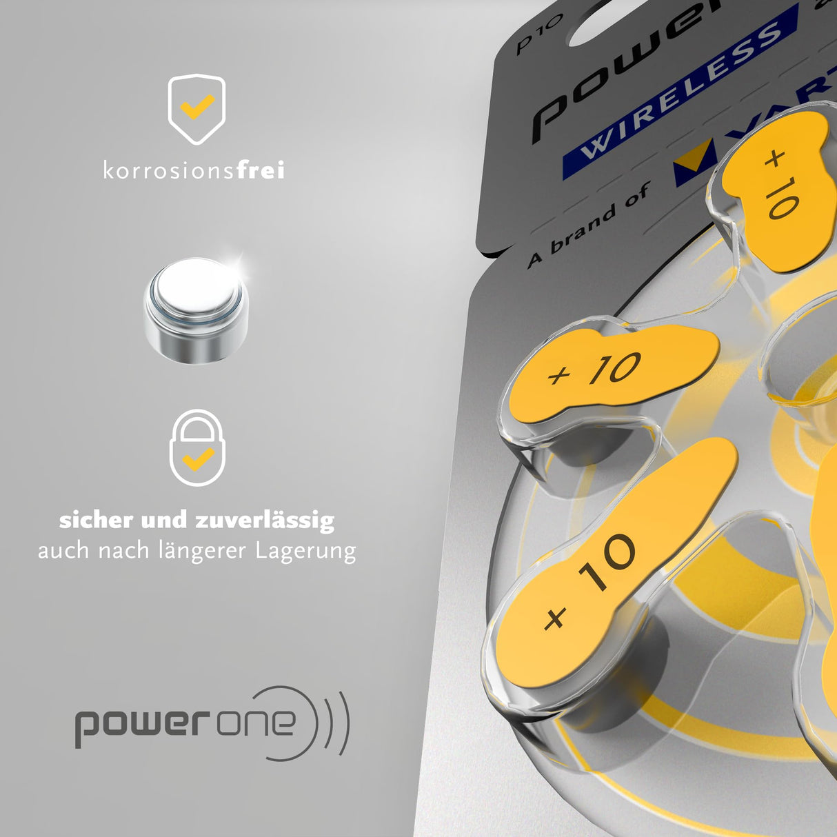 Power one Hörgerätebatterien Typ 10 gelb, Batterien 60 Stück Vorratspack, wireless approved, Größe p10 für Hörgeräte und Hörhilfen, high hearing level, quecksilberfrei, Made in Germany