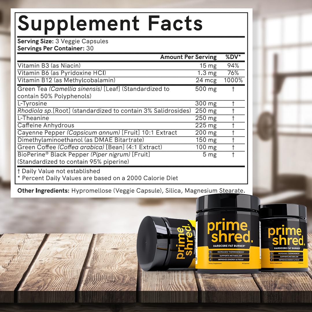 PrimeShred: Fat Burner for Men, Natural Appetite Suppressant, Thermogenic Workout Metabolism Booster & Energy Supplement, Weight Management w/Green Tea, Caffeine L-Carnitine, Vegan & Soy-Free, 90 Caps