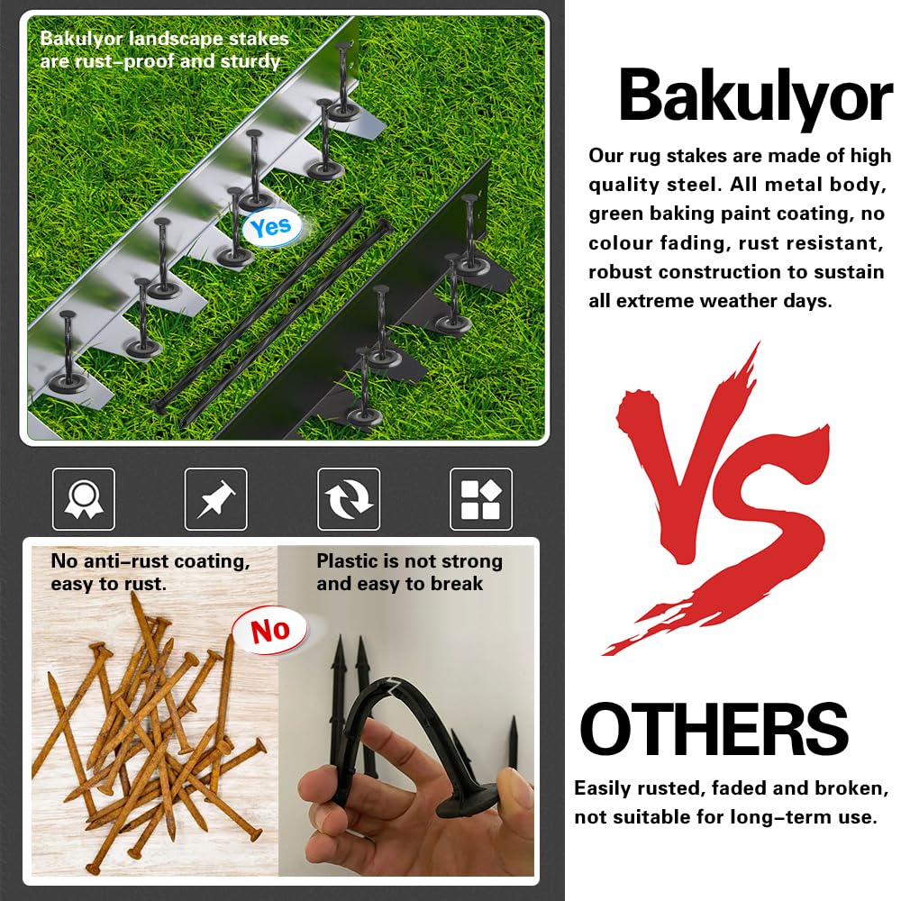Bakulyor 16 Sets Outdoor RV Rug Stakes, 6 Inch Black Patio Mat Stakes, 6 Gauge Heavy Duty Galvanized Camp Carpet Stakes for Fixing Outside Rug, Tarps, and Camping Mat, Pop Up Camper Accessories - 6"
