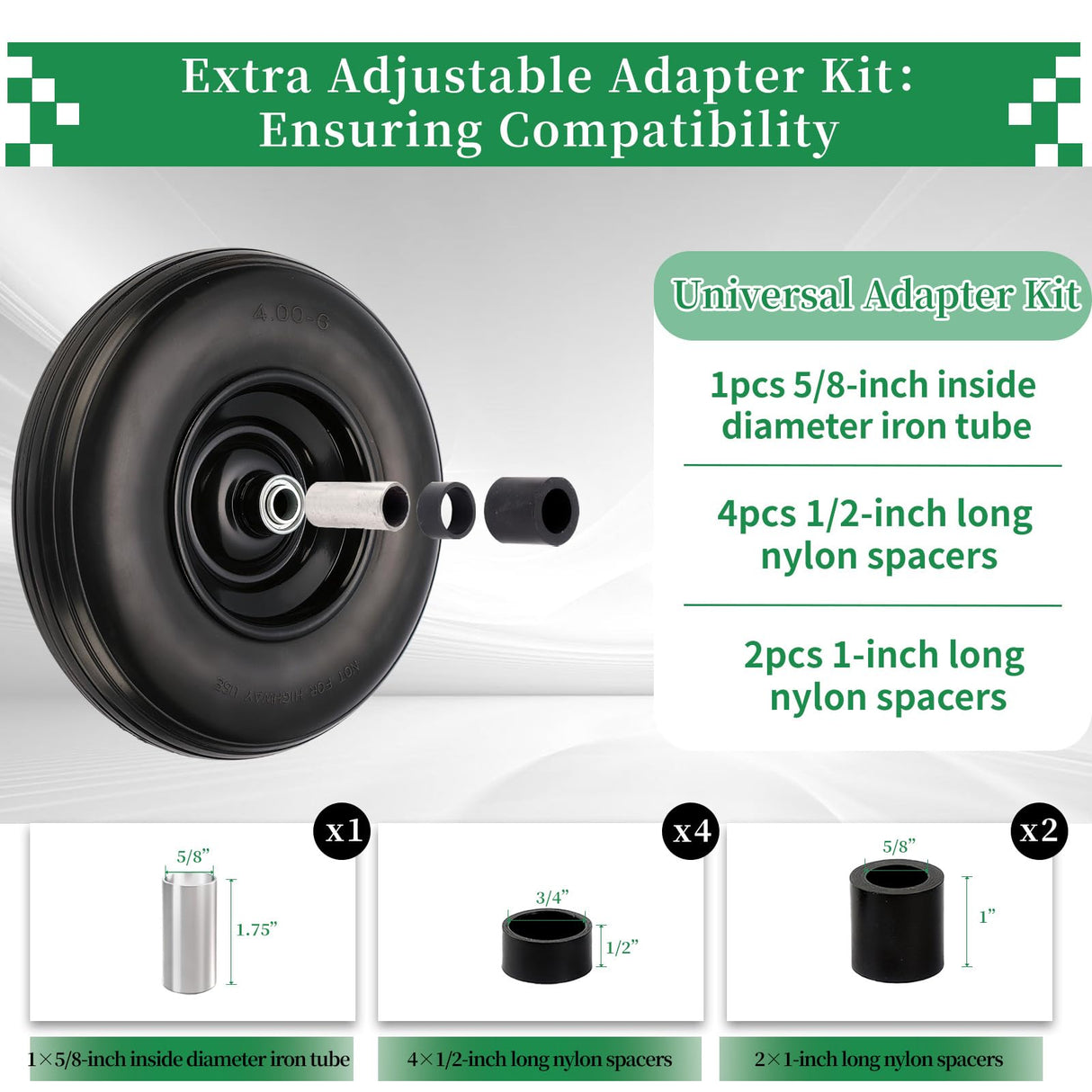 4.00-6 Flat Free Tire and Wheel, 13" Solid Wheelbarrow Tires, Adapter Kit