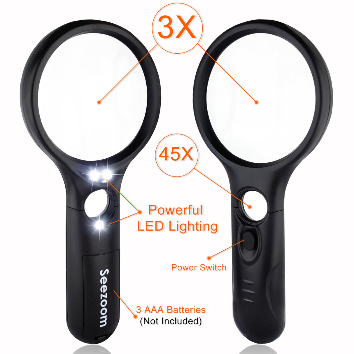 SeeZoom Lighted Magnifying Glass 3X 45x Magnifier Lens - Handheld Magnifying Glass with Light for Reading Small Prints, map, Coins and Jewelry - LED Seniors Magnifier for Close Work