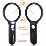SeeZoom Lighted Magnifying Glass 3X 45x Magnifier Lens - Handheld Magnifying Glass with Light for Reading Small Prints, map, Coins and Jewelry - LED Seniors Magnifier for Close Work