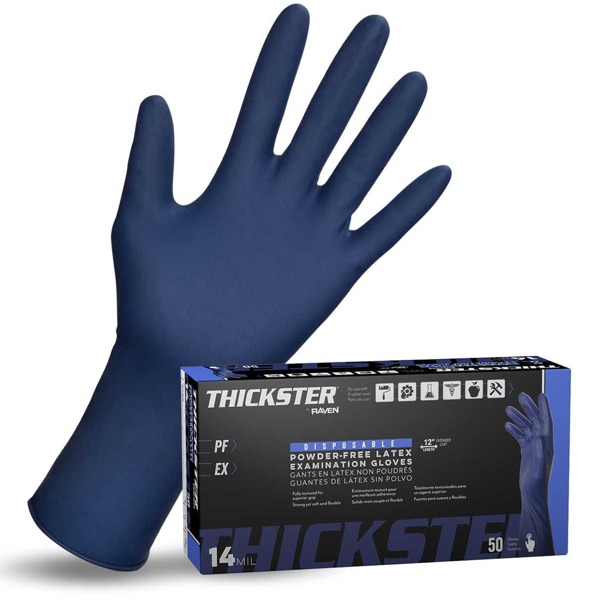 Thickster Powder-Free Exam Grade Latex Disposable Gloves. Size Medium. Blue, 14 mil Thickness, 12" Length. Fully Textured for Superior Grip. Single Use. Pack of 50. (6602-20)