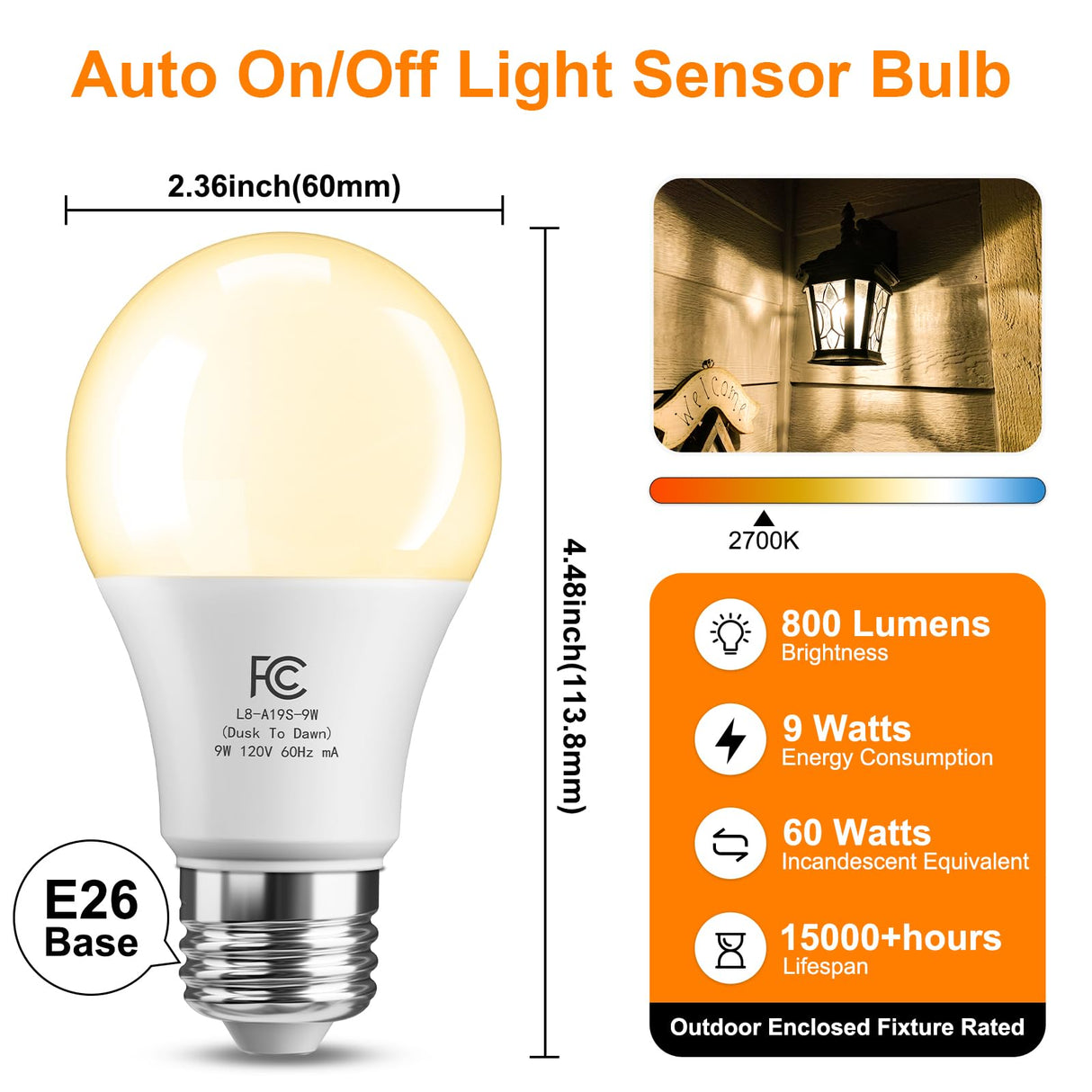 TJOY Dusk to Dawn Light Bulbs Outdoor, Light Sensor LED Light Bulb, Automatic on/Off Photocell Bulb for Outdoor Porch Lighting, 60W Equivalent, Energy Efficient 9W, Soft White 2700K,E26 Base, 4 Pack