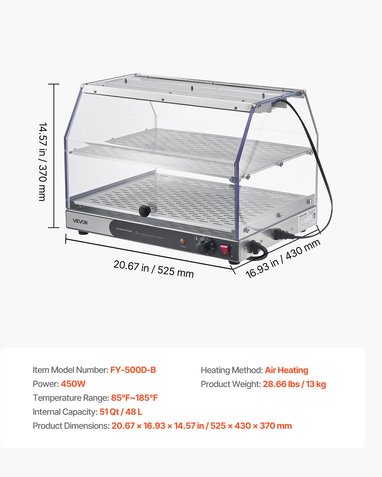 VEVOR 2-Tier Commercial Food Warmer Display, 450W Food Display Warmer with Light, Detachable Shelves and Double-Sided Door Design, 85℉~185℉ Air Heating, 48L for Hamburger, Pizza, Bread, Fried Chicken