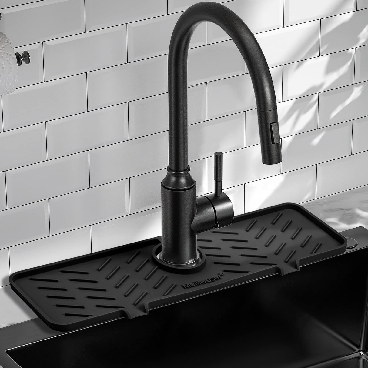 Meiliweser Silicone Faucet Mat for Kitchen Sink – Gen 2 Splash Guard with Upgraded Outlet & Slope – 18” x 5.1” Water Catcher & Sink Sponge Holder for Kitchen and Bathroom (Black)