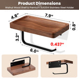 TOKCKYBL Toilet Paper Holder with Walnut Wood Shelf - Wall Mount & Self-Adhesive Bathroom Tissue Holder, Black Stainless Steel with Walnut Shelf for Phone - Home Apartment Restroom Decor Essentials