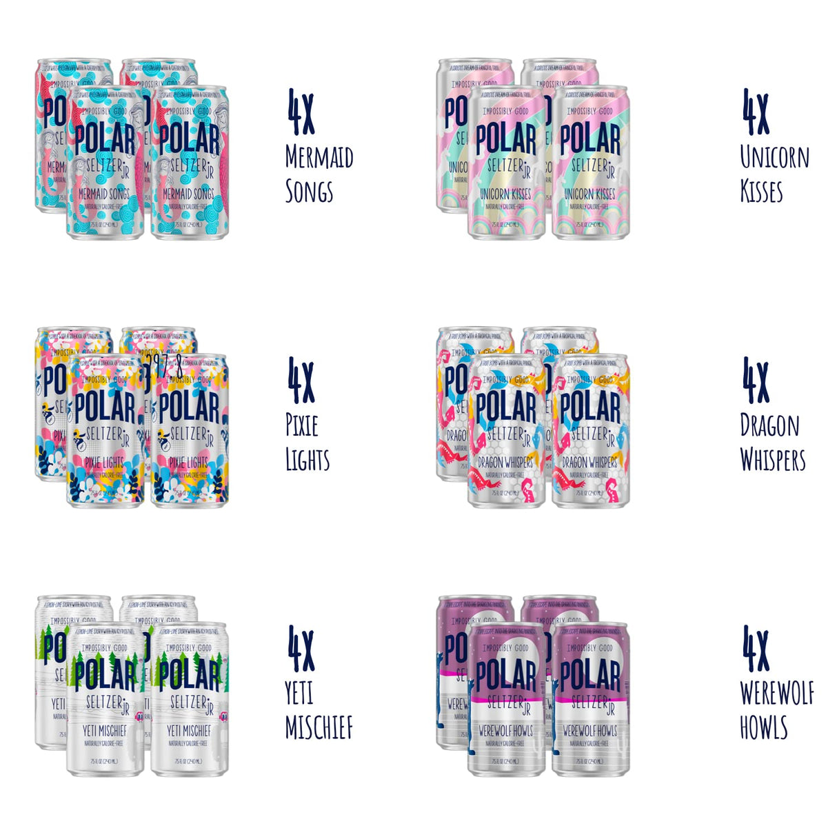POLAR 100% Natural Seltzer Jr - 24 Pack - The Impossibly Good Collection Variety - No Sugar, Juice, or Sweeteners -7.5 FL OZ