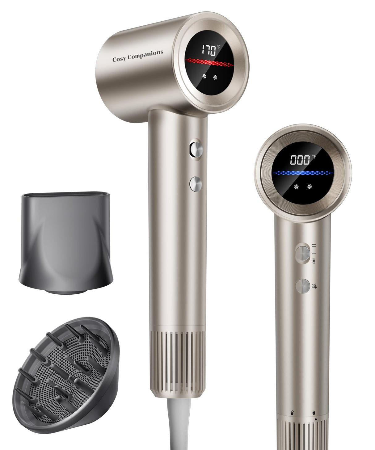 Hair Dryer, 150000RPM High-Speed Hairdryer for Fast Drying, Low Noise, HD Display, 5 Temps & 2 Speeds, 500 Million Negative Ionic Blow Dryer with Diffuser & Nozzle, Gold