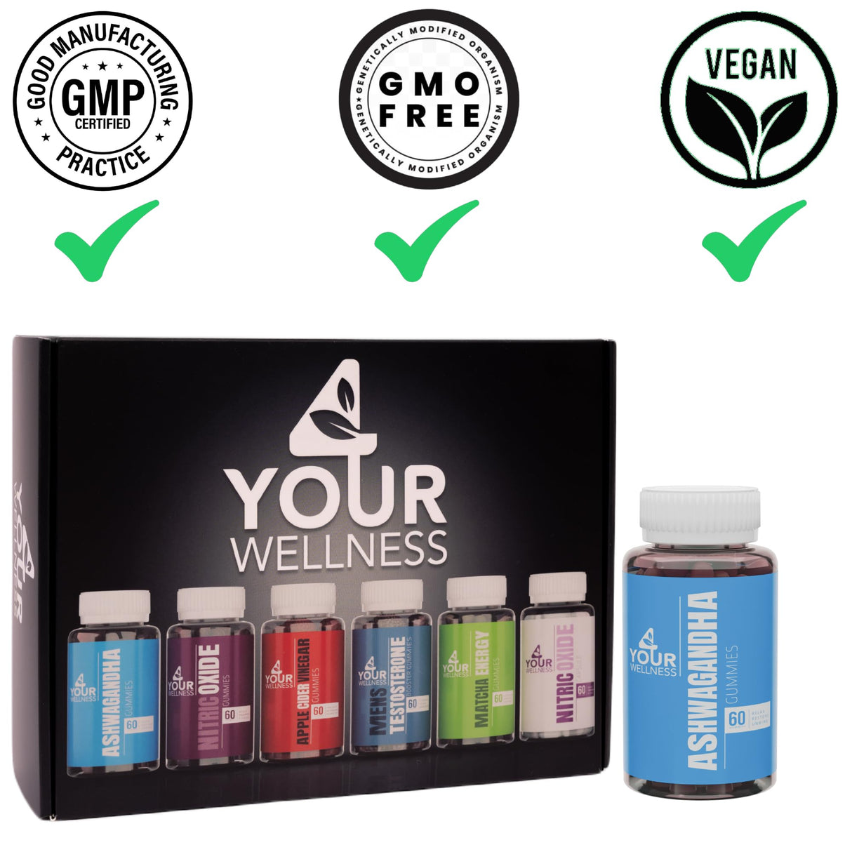 4 Your Wellness Ashwagandha Gummies Mixed Berry KSM-66, Lion's Mane, Vitamin-D, Non-GMO, Gluten-Free, Gelatin Free & Kosher (60 Count (Pack of 1))