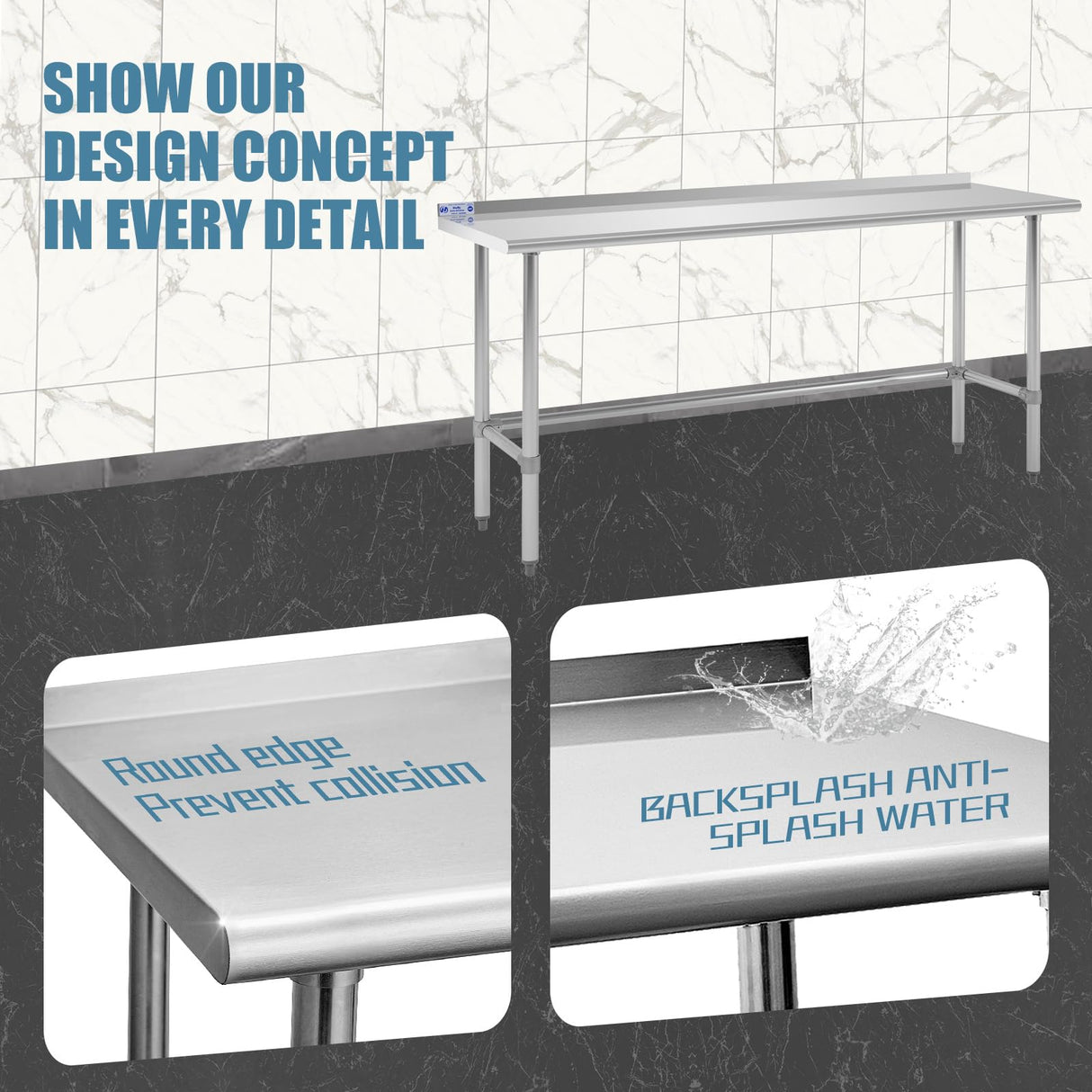 Hally Open Base Stainless Steel Table 24 x 72 Inches, NSF Commercial Heavy Duty Prep & Work Table with Backplash and Galvanized Legs for Restaurant, Home and Hotel