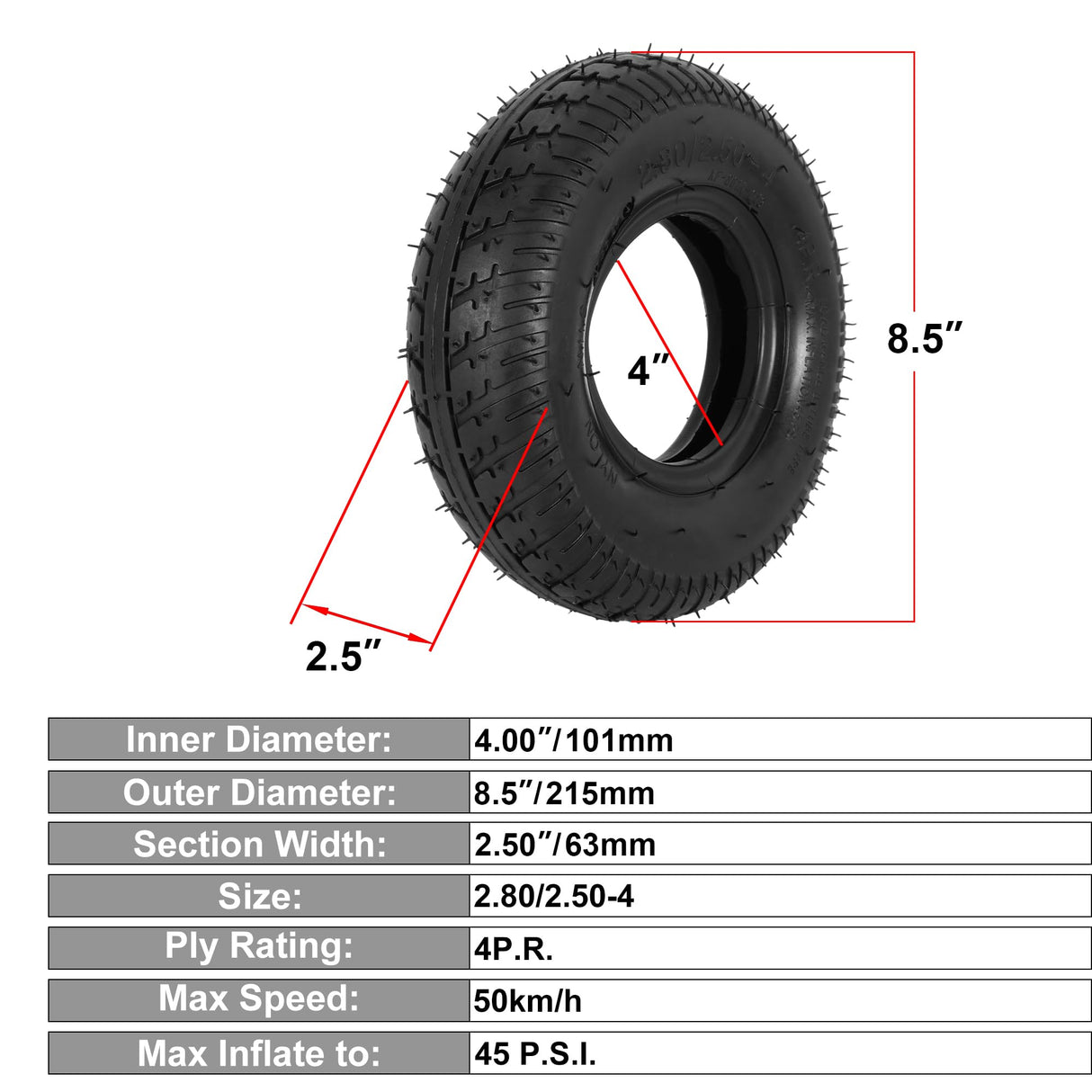 2.80/2.50-4 Tire Inner Tube, 2.80-4 Scooter Tires and Tubes 64-350 2 Pack