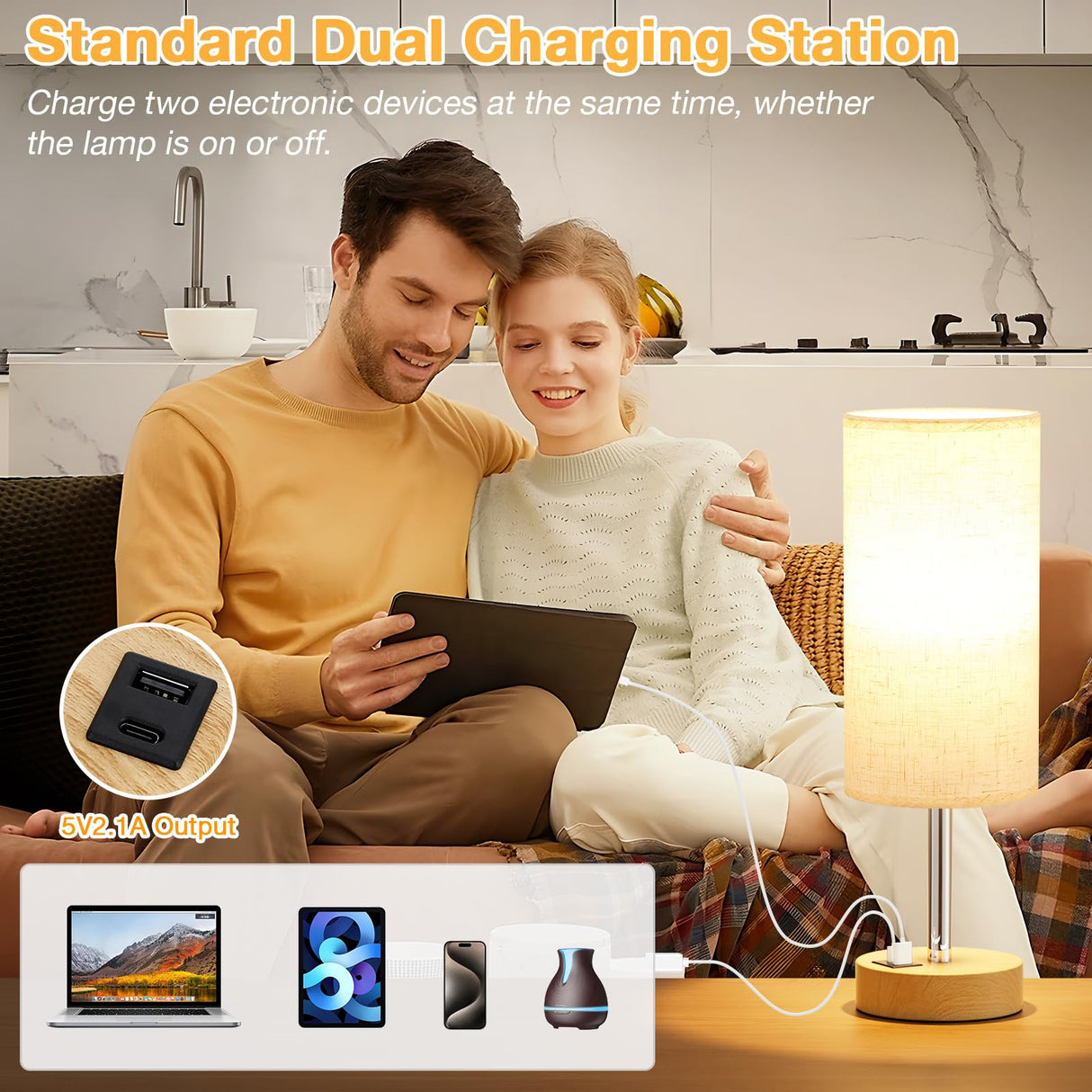 Dicoool Touch Bedside Table Lamp with USB - 3 Way Dimmable Wood Lamp for Bedroom Nightstand, Desk Lamp with Charging Station for Dorm, Living Room, Office, Kids Room, Small, 14in