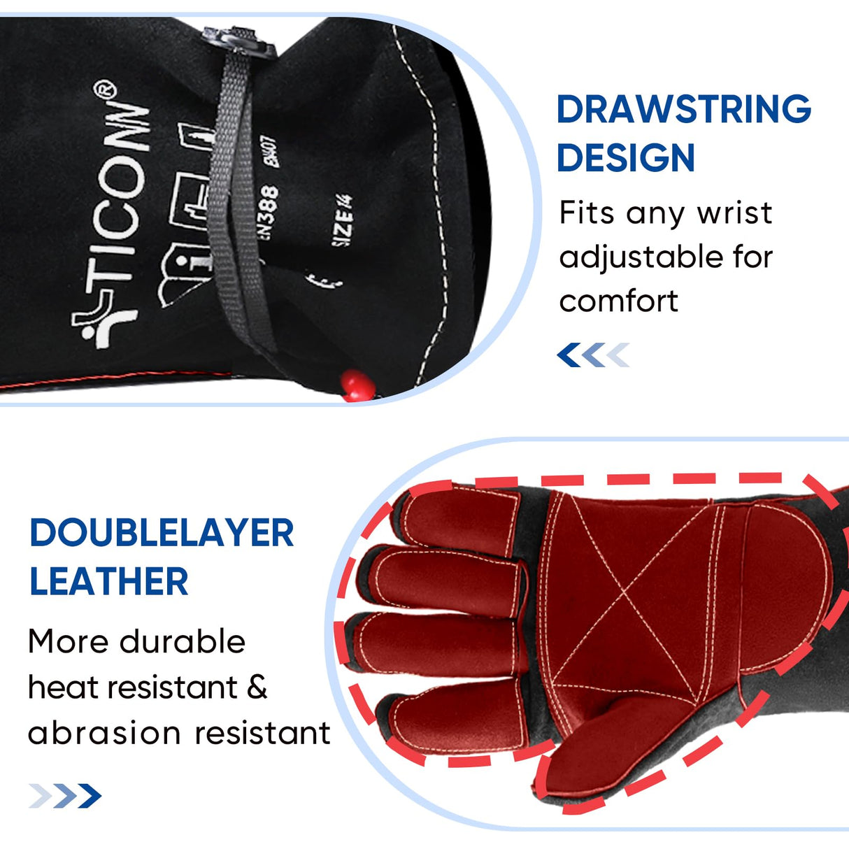 TICONN 16 Inch Welding Gloves, 1000°F Heat-Resistant Fireproof Leather Gloves for Welders, Stick, Forge, Mig, Tig, BBQ, Baking, Oven (Black/Red, L)