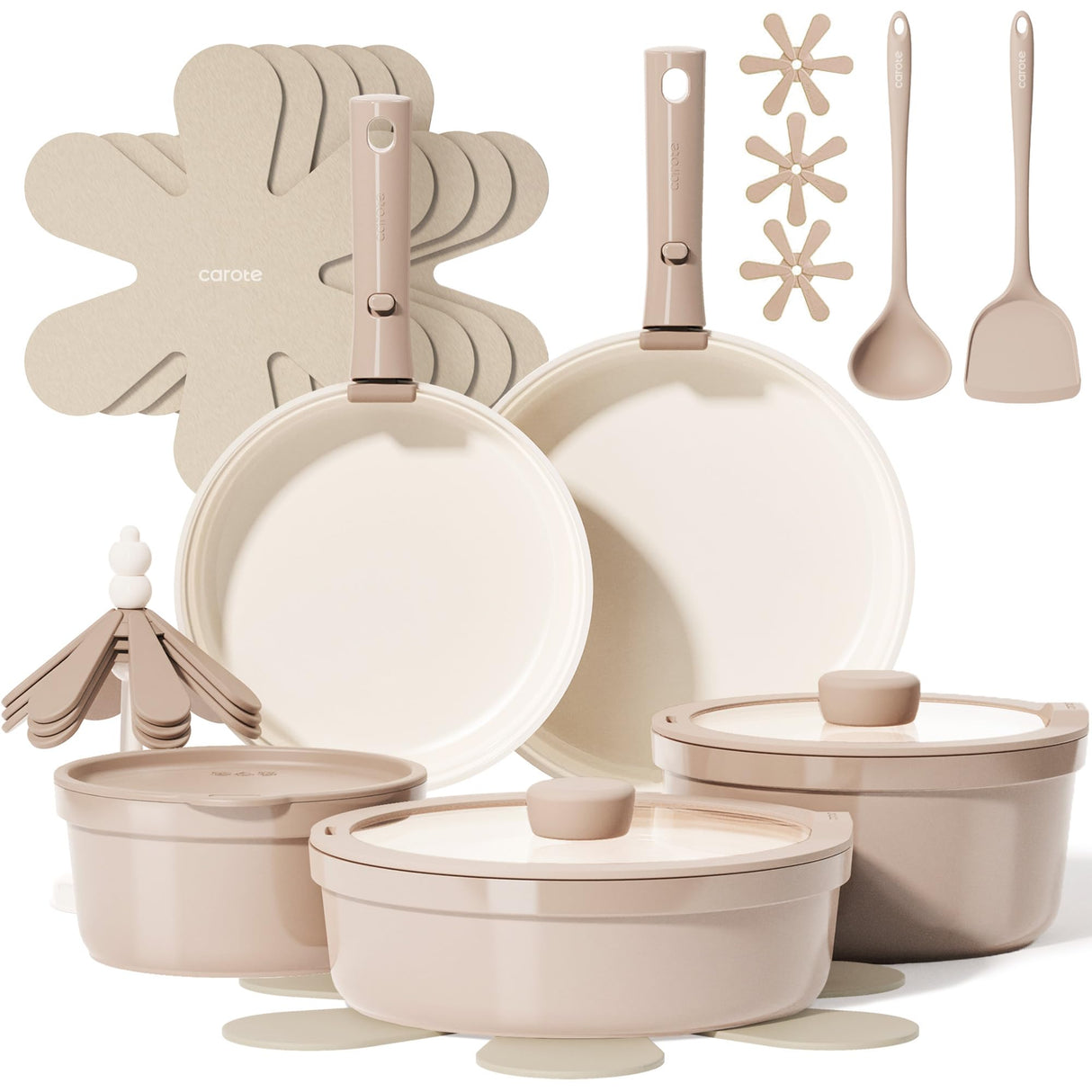 CAROTE 20pcs Ceramic Cookware Set Nonstick with Detachable Handles, Non Toxic Cookware, Pots and Pans Set Non Stick, Induction Available, Kitchen Cooking Pot and Pan, Dishwasher Safe